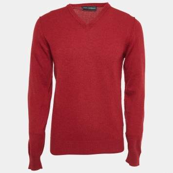 Pre Owned Dolce & Gabbana Burgundy Rib Knit V-Neck Sweater M