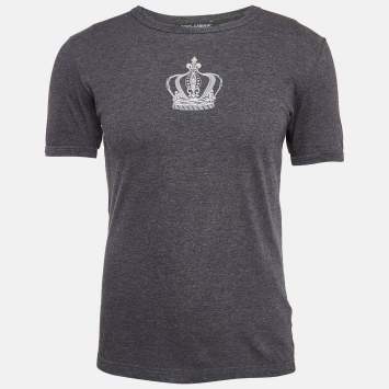 Pre Owned Dolce & Gabbana Grey Crown Embroidered Cotton T-Shirt S