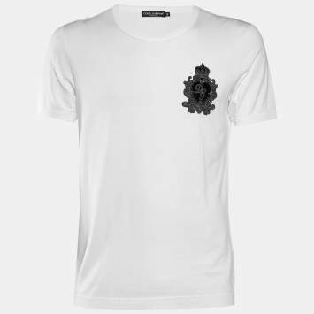 Pre Owned Dolce & Gabbana White Cotton Crest Detail Crew Neck T-Shirt S