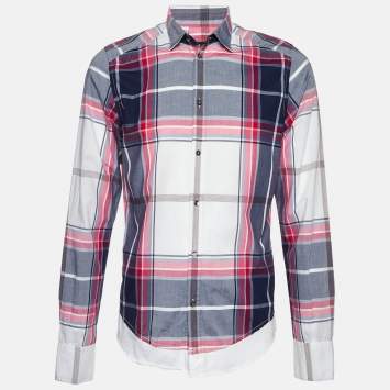 Pre Owned Dolce & Gabbana White/Pink Plaid Checked Cotton Gold Fit Shirt M