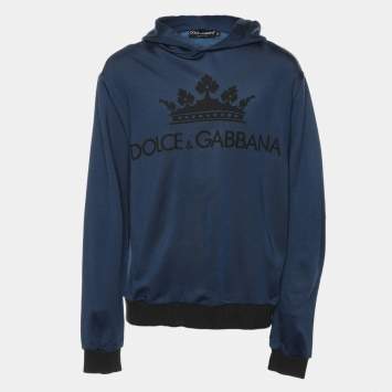 Pre Owned Dolce & Gabbana Blue Cotton Knit Logo Hoodie XXL