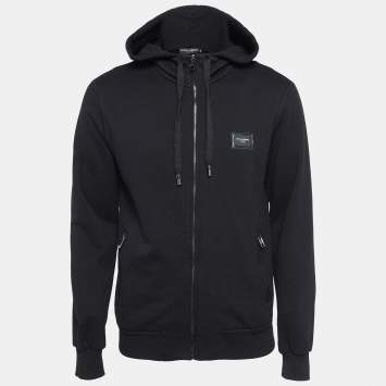 Pre Owned Dolce & Gabbana Black Cotton Logo Plaque Detail Zip Up Hoodie S