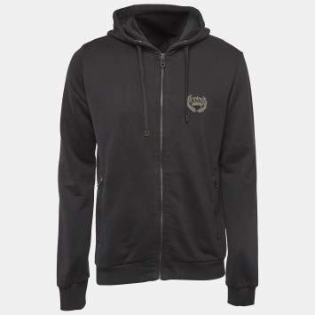 Pre Owned Dolce & Gabbana Black Applique Detail Cotton Knit Hooded Jacket L