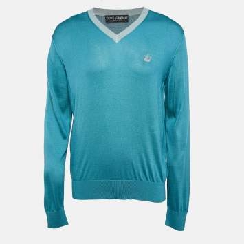 Pre Owned Dolce & Gabbana Teal Blue Silk Knit V-Neck Sweatshirt XL