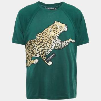 Pre Owned Dolce & Gabbana Green Leopard Applique Cotton Jersey T-Shirt L