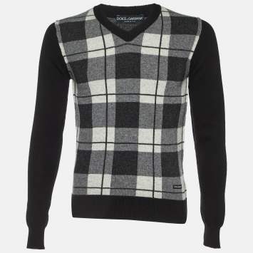 Pre Owned Dolce & Gabbana Black Checked Wool V-Neck Sweater M