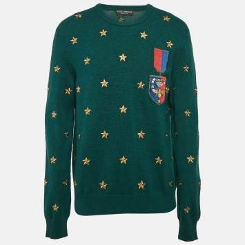 Pre Owned Dolce & Gabbana Green Stars Embroidered Rib Knit Sweater XXL