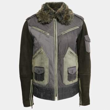Pre Owned Dolce & Gabbana Green Cotton Blend and Fur Zip Detail Flight Jacket L