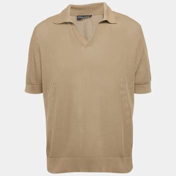 Pre Owned Dolce & Gabbana Dark Beige Patterned Open Knit Polo T-Shirt M