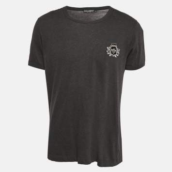 Pre Owned Dolce & Gabbana Black Melange Cotton Applique Detail T-Shirt XL