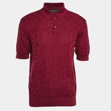 Pre Owned Dolce & Gabbana Burgundy Monogram Silk Jacquard Knit Polo T-Shirt XL