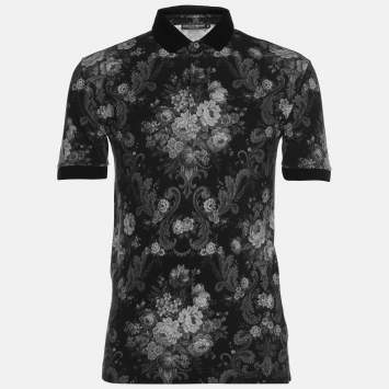 Pre Owned Dolce and Gabbana Black Floral Print Cotton Pique Polo T-Shirt XS