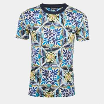 مملوكة مسبقًا Dolce & Gabbana Blue Majolica Print Jersey Crewneck T-Shirt XS