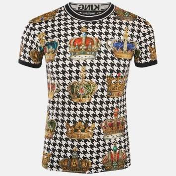 Pre Owned Dolce & Gabbana Black Houndstooth and Crown Print Jersey T-Shirt XS