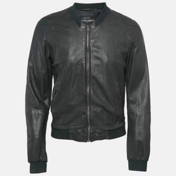 Pre Owned Dolce & Gabbana Black Leather Bomber Jacket L