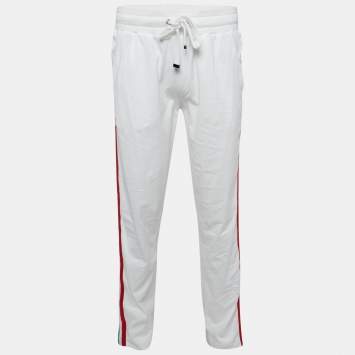 Pre Owned Dolce & Gabbana White Logo Plaque Jersey Side Strip Detail Pants L