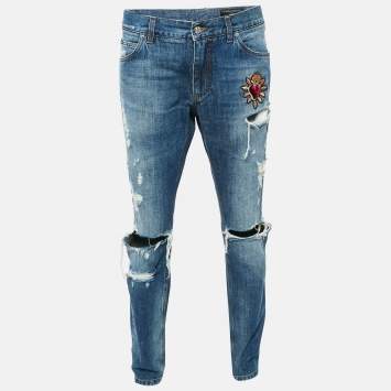 Pre Owned Dolce & Gabbana Blue Heart Applique Ripped Denim Classic Jeans XL Waist 36"