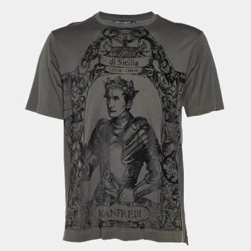 Pre Owned Dolce & Gabbana Charcoal Grey Flock Print Cotton T-Shirt L