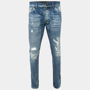 Pre Owned Dolce & Gabbana Blue Faded Denim Distressed Jeans M Waist 34"