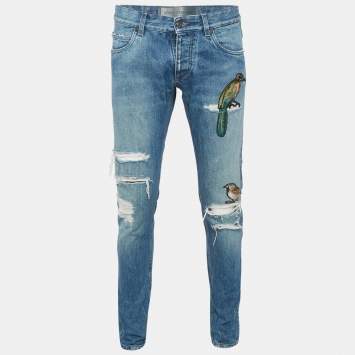 Pre Owned Dolce & Gabbana Blue Bird Applique Denim Ripped Jeans M Waist 32"