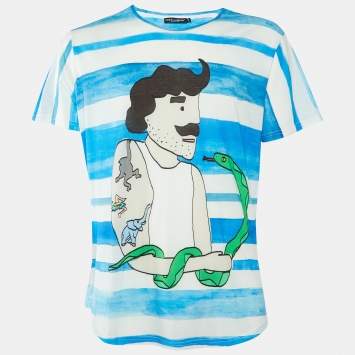 Pre Owned Dolce & Gabbana Blue/White Striped Graphic Print Cotton Crew Neck T-Shirt XXL
