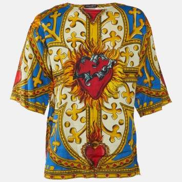 Pre Owned Dolce & Gabbana Multicolor Sacred Heart Print Linen & Cotton Oversized T-Shirt L