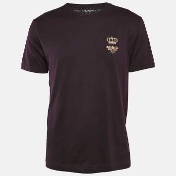 Pre Owned Dolce & Gabbana Dark Purple Queen Bee Embroidered Cotton Crew Neck T-Shirt L