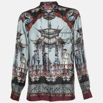 Pre Owned Dolce & Gabbana Grey Chinese Temple Print Silk Vanity Shirt L