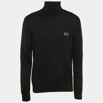 Pre Owned Dolce & Gabbana Black Logo Plaque Wool Knit Turtleneck Sweater XL