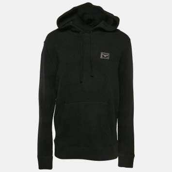 Pre Owned Dolce & Gabbana Black Logo Plaque Wool Knit Hooded Sweater XL