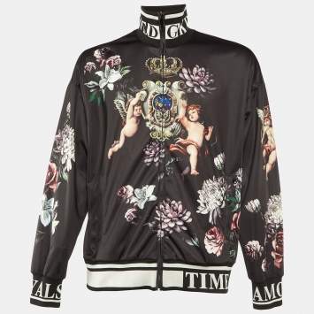 Pre Owned Dolce & Gabbana Black Floral Angels Print Satin Bomber Jacket M