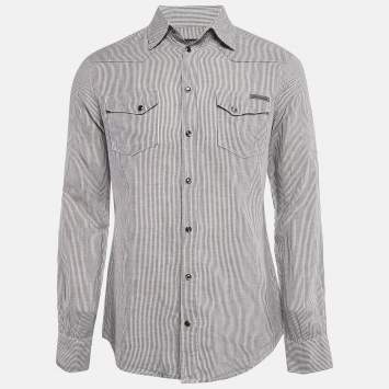 Pre Owned Dolce & Gabbana Grey Stripe Cotton Button Front Shirt M