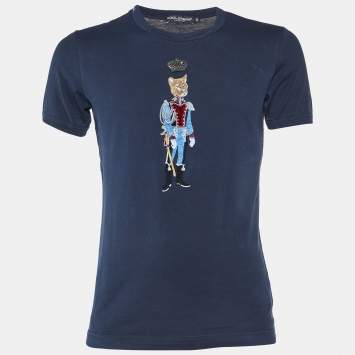 Pre Owned Dolce & Gabbana Navy Blue Cotton Royal Pet Patch Detail T-Shirt XS
