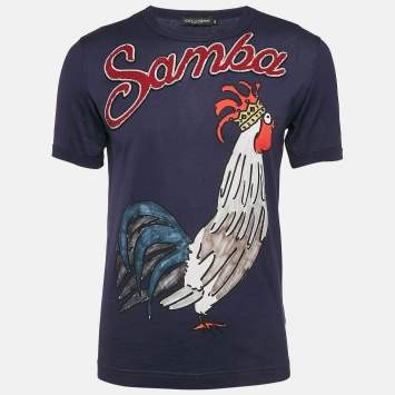 مملوكة مسبقًا Dolce & Gabbana Navy Blue Rooster Print and Embellished Cotton T-Shirt M
