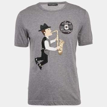 Pre Owned Dolce & Gabbana Grey Cotton Applique Detail T-Shirt M