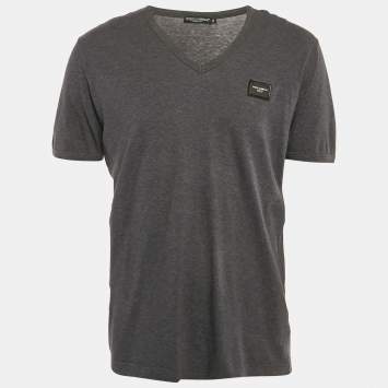Pre Owned Dolce & Gabbana Grey Logo Plaque Jersey V-Neck T-Shirt XL