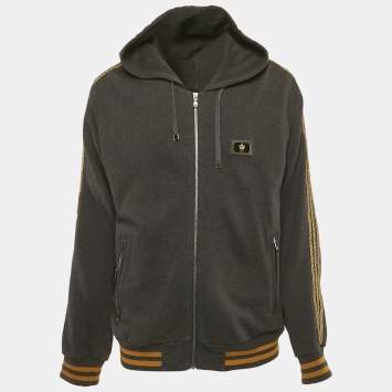 Pre Owned Dolce & Gabbana Charcoal Grey Cotton Knit Lace Trim Detail Hooded Jacket XXL