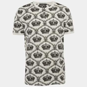 Pre Owned Dolce & Gabbana White Printed Cotton Knit Henley T-Shirt XXL