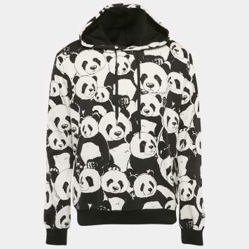 Pre Owned Dolce & Gabbana Black/White Pandas Print Cotton Knit Hooded Sweatshirt XXL