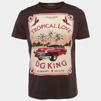 Pre Owned Dolce & Gabbana Burgundy Printed Crew Neck T-Shirt XL