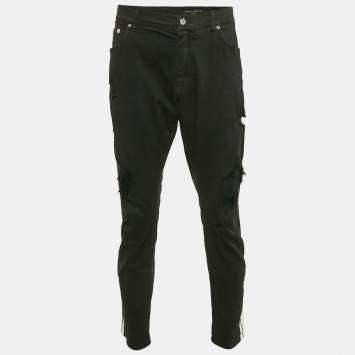 Pre Owned Dolce & Gabbana Black Side Stripe Denim Ripped Skinny Jeans Waist 38"