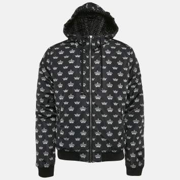 Pre Owned Dolce & Gabbana Black Crown Print Synthetic Zip-Up Jacket L