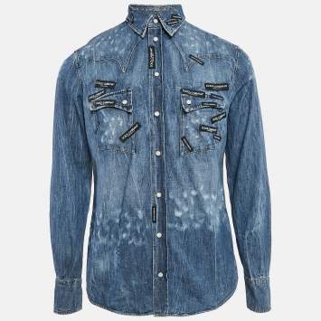 Pre Owned Dolce & Gabbana Blue Distressed Denim Button Front Shirt XL