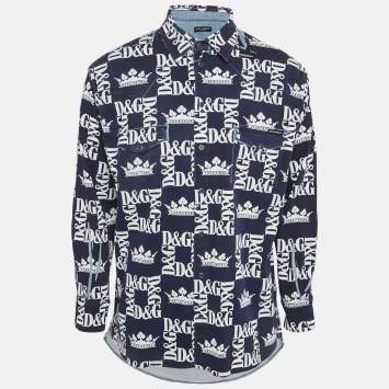 Pre Owned Dolce & Gabbana Navy Blue Logo Print Denim Button Front Shirt M