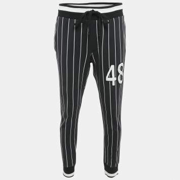 Pre Owned Dolce & Gabbana Black Pinstripe Cotton Knit Applique Detail Track Pants XL