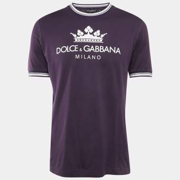 Pre Owned Dolce & Gabbana Purple Logo Print Cotton Crew Neck T-Shirt L