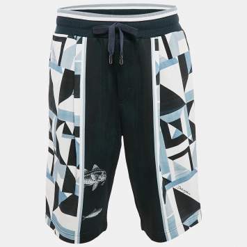 Pre Owned Dolce & Gabbana Blue Geometric Print Jersey Bermuda Shorts XL