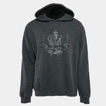 Pre Owned Dolce & Gabbana Grey Crown Embroidered Cotton Hoodie XXL