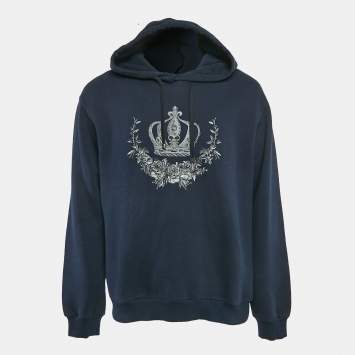 Pre Owned Dolce & Gabbana Navy Blue Crown Embroidered Cotton Knit Hoodie XXL