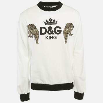 Pre Owned Dolce & Gabbana White Logo Print Cotton Leopard Applique Sweatshirt XL